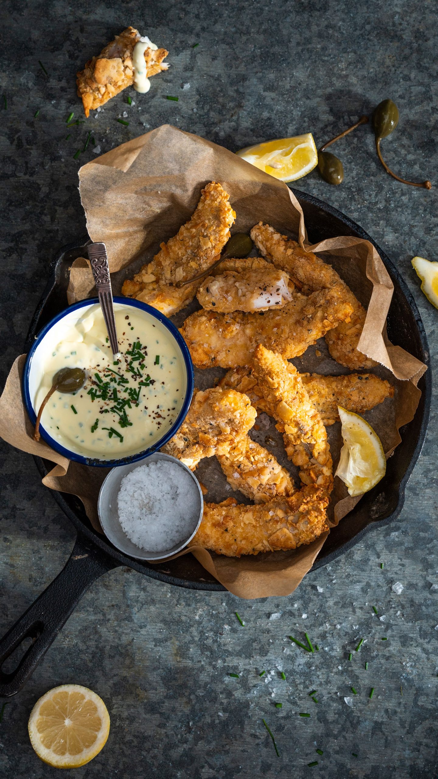 Recipe image of air fryer cracker crumbed fish fingers with creme fraiche dip