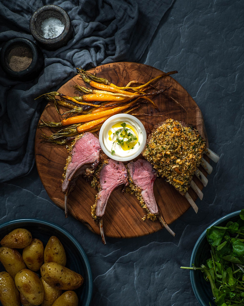 The Honest Grocer crusted lamb rack with baby carrots, potatoes and side salad